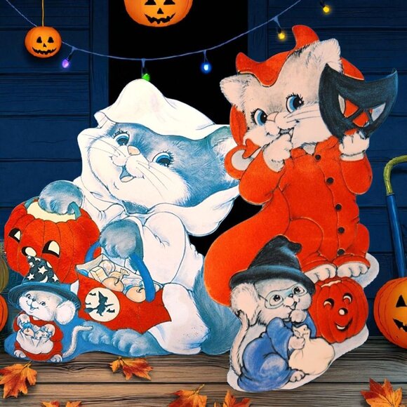 Devil Kitty & Ghost Kitty Vintage Halloween Die Cut Flocked Double Sided 2PC 70s - Picture 1 of 9